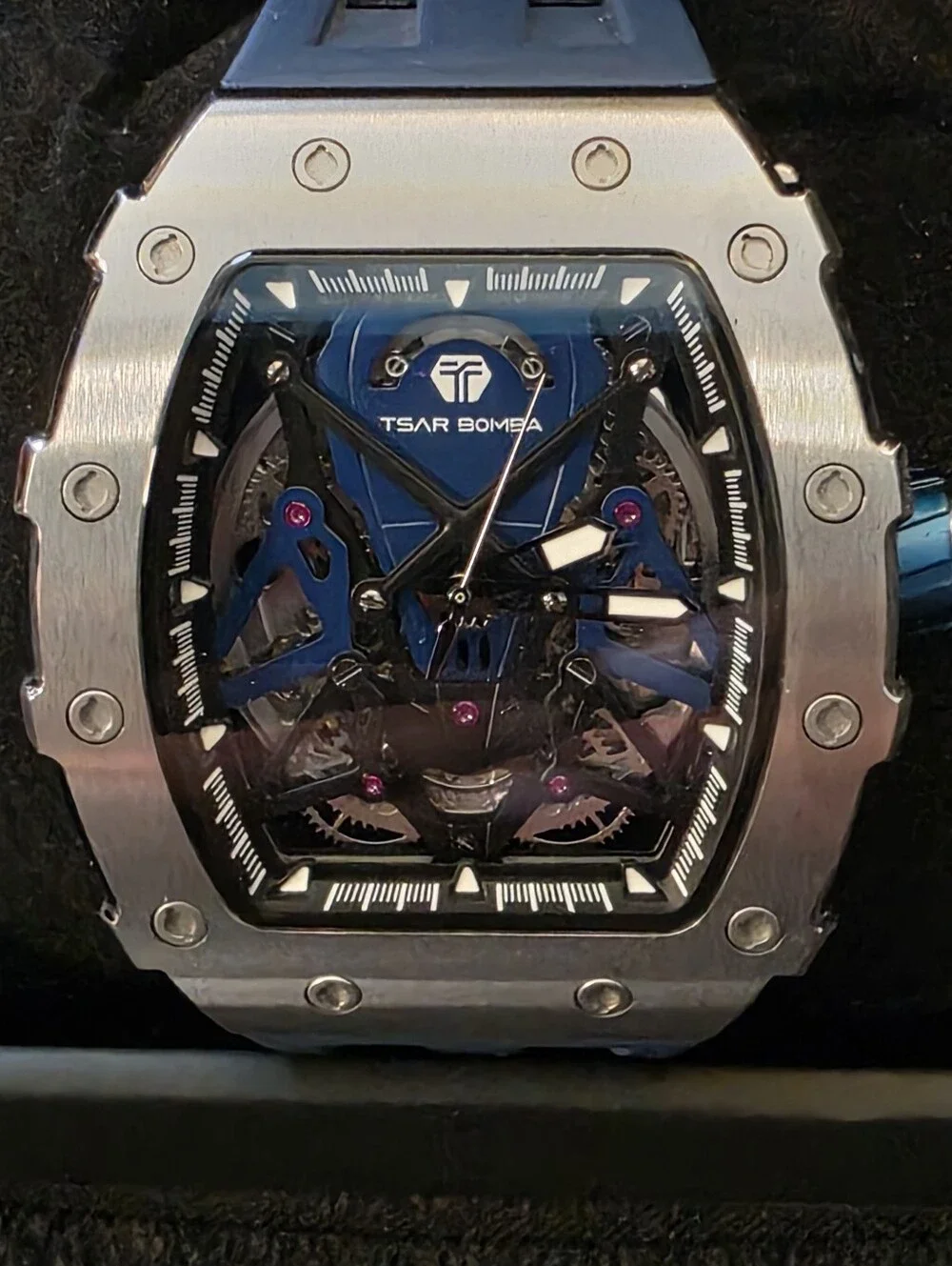 TSAR BOMBA Skeleton Tonneau Automatic Wristwatch Blue Silicone Strap Model TB82